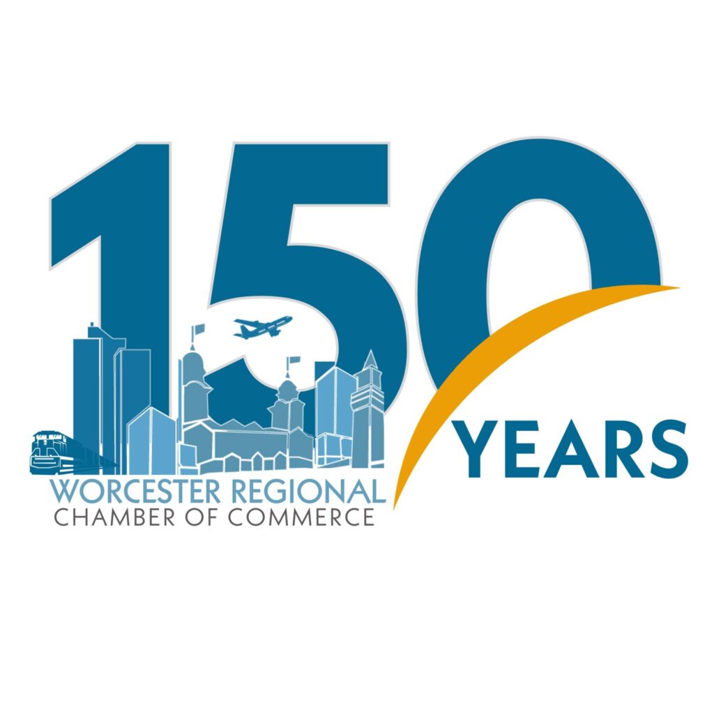 a blue and white logo with a city and a plane Chamber of Commerce