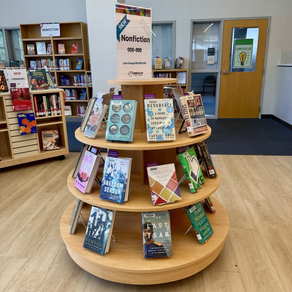 a circular display of books Worcester Public Library 