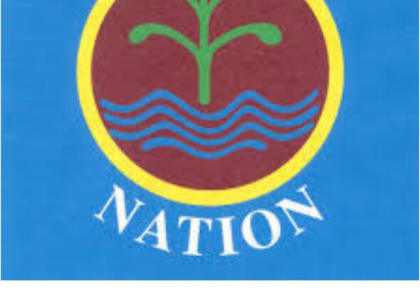 Nipmuc Nation tribal seal featuring a green tree above blue waves on a red and yellow circular emblem, symbolizing the Nipmuc people of Central Massachusetts.